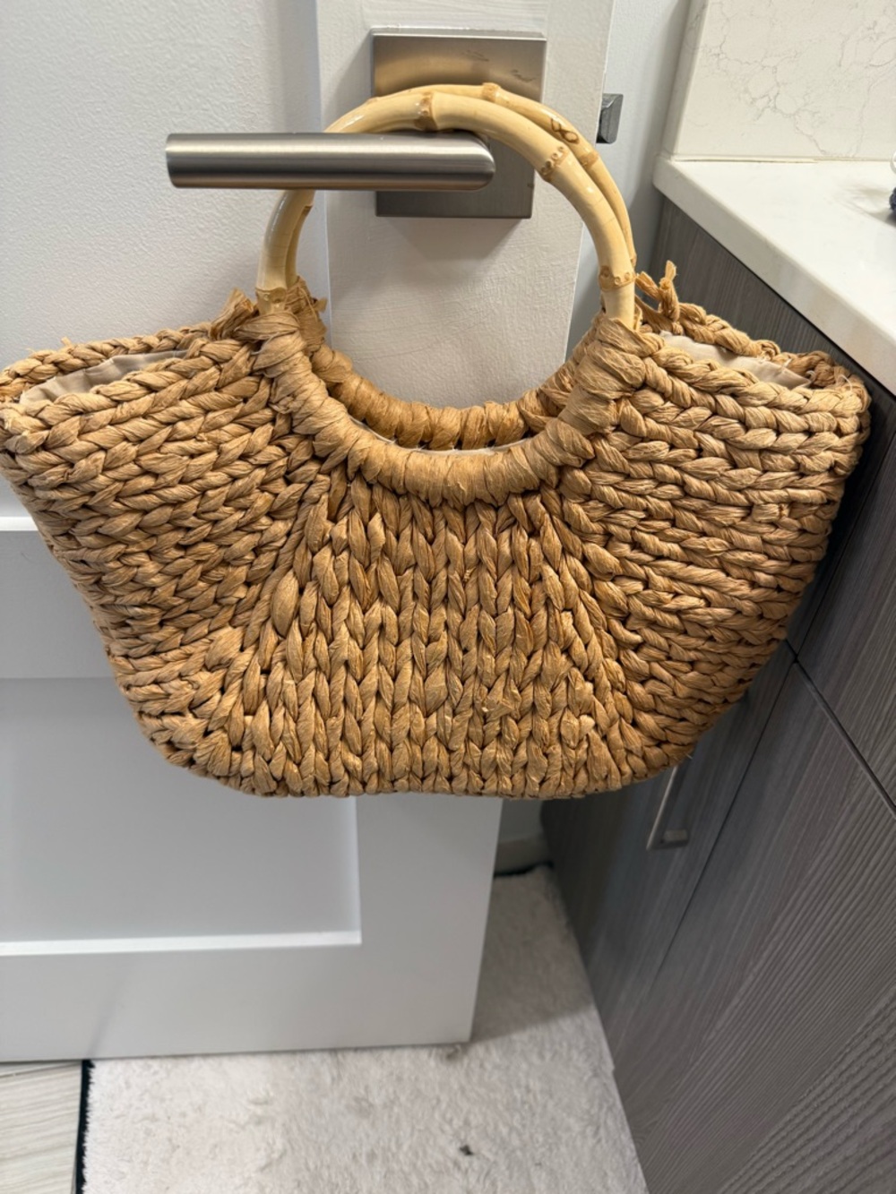 Woven Straw Tote Bag with Bamboo Handles - Natural